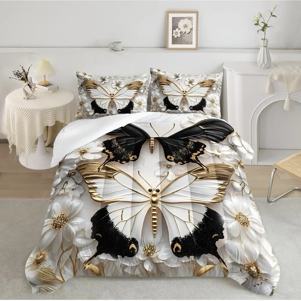 Black And White Butterfly Comforter Set Queen Size Gold Flower Butterfly Bedding